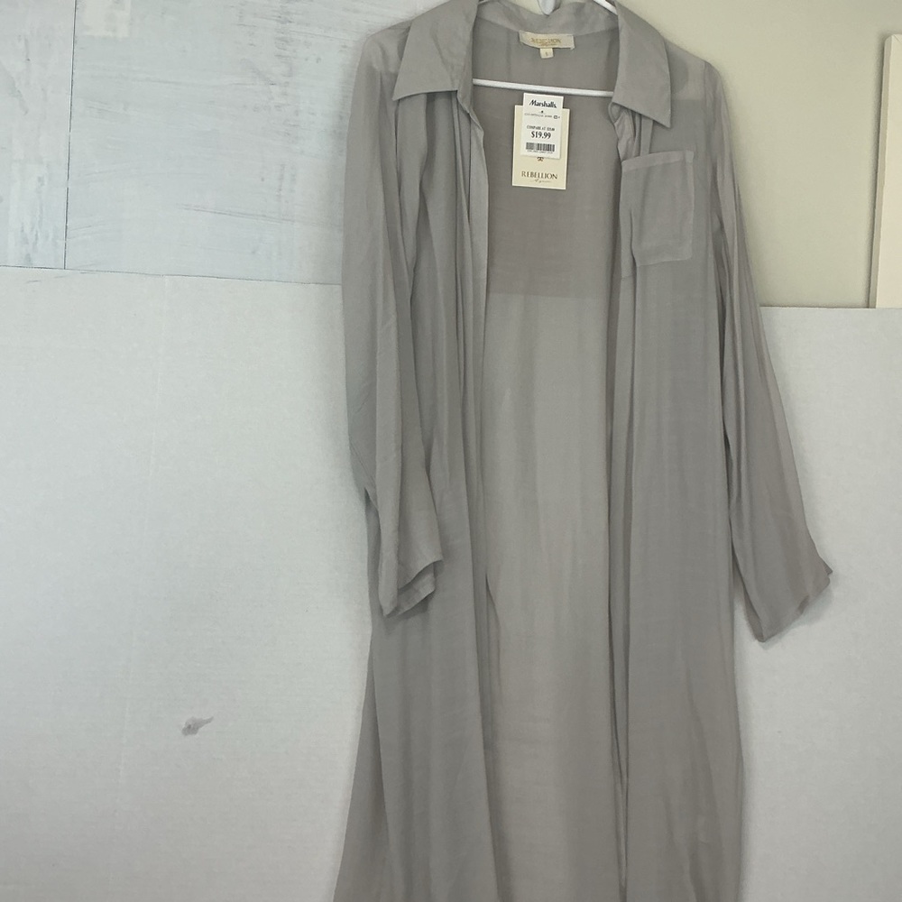Womens swimsuit cover up blouse button down shirt dress light gray size Large